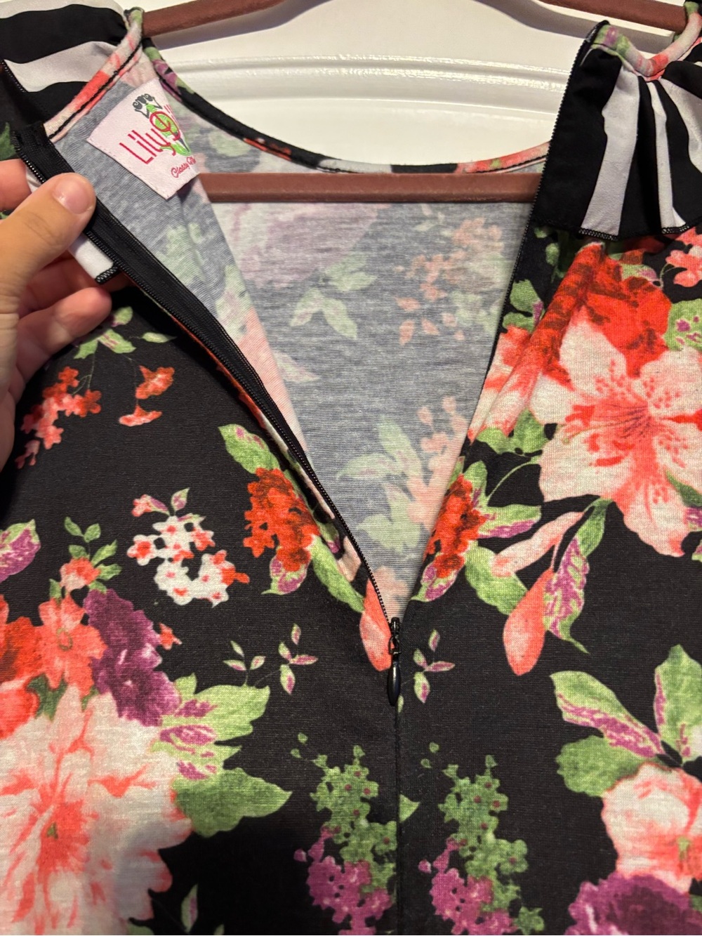 LuLaRoe Black Floral and White-Black Striped Tiered Midi Dress - Picture 5 of 6